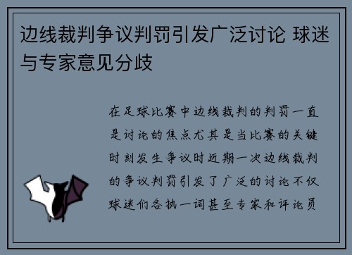 边线裁判争议判罚引发广泛讨论 球迷与专家意见分歧